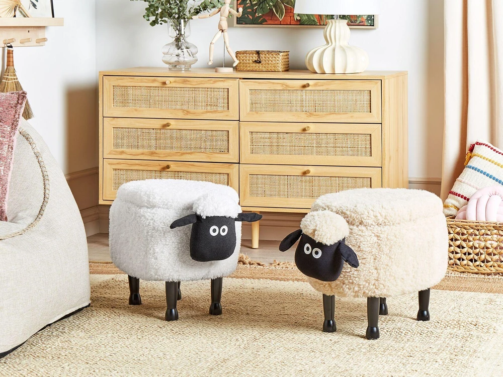Fotelis Beliani Gyvūno formos pufas su daiktadėže SHEEP baltas avytė