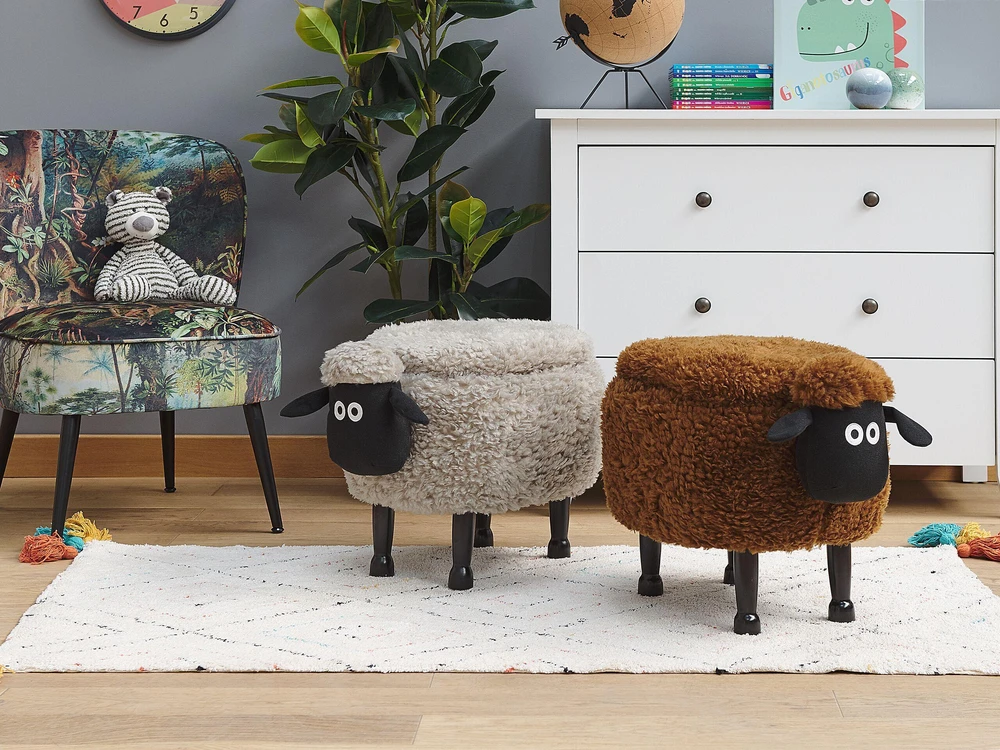 Beliani Gyvūno formos pufas su daiktadėže SHEEP, pilkas ėriukas