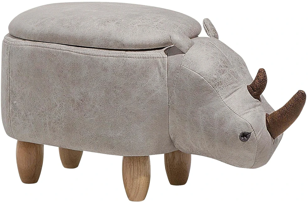 Fotelis Beliani Gyvūno formos pufas su daiktadėže RHINO, eko oda, šviesiai pilkas raganosis