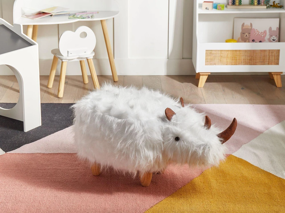 Fotelis Beliani Pufas gyvūnas WOOLLY dirbtinis kailis baltas raganosis
