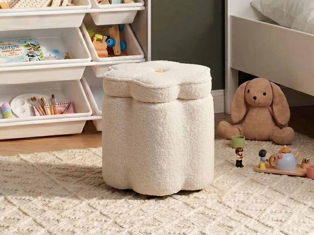 Fotelis Beliani Pufas su daiktadėže FLOWER Boucle, balta, gėlės formos