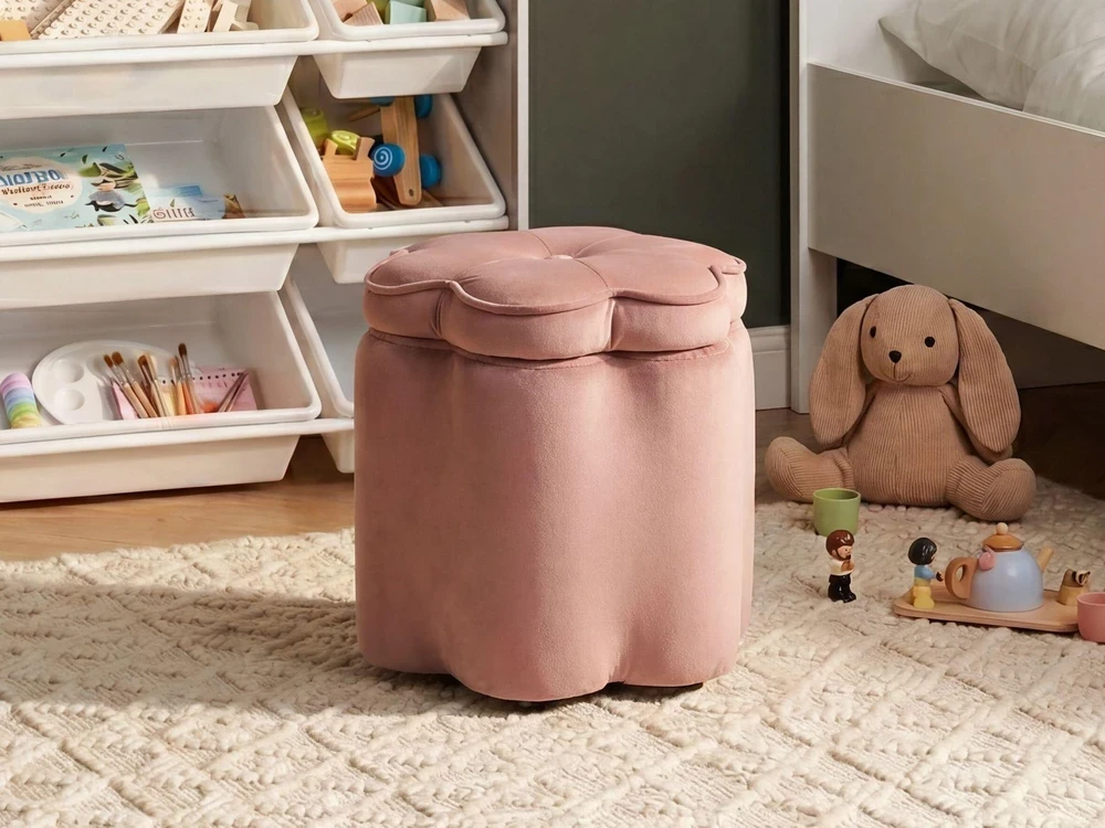 Fotelis Beliani Vaikiškas pufas daiktadėžė FLOWER veliūrinis rožinis gėlės formos
