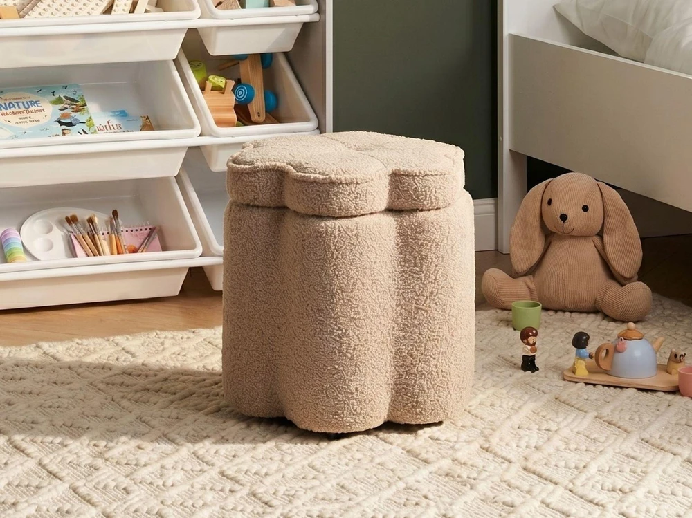 Fotelis Beliani Vaikiškas pufas su daiktadėže FLOWER Boucle smėlio spalvos gėlė