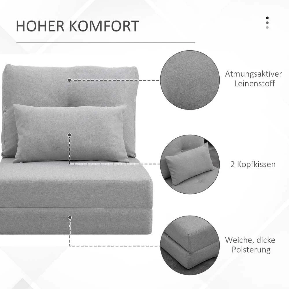 HOMCOM 2-in-1 sulankstomas grindų fotelis-lova su reguliuojamu atlošu, grindų sofa su dekoratyvine pagalve, grindų sėdimoji pagalvė svetainei, miegamajam, lininis, pilkas