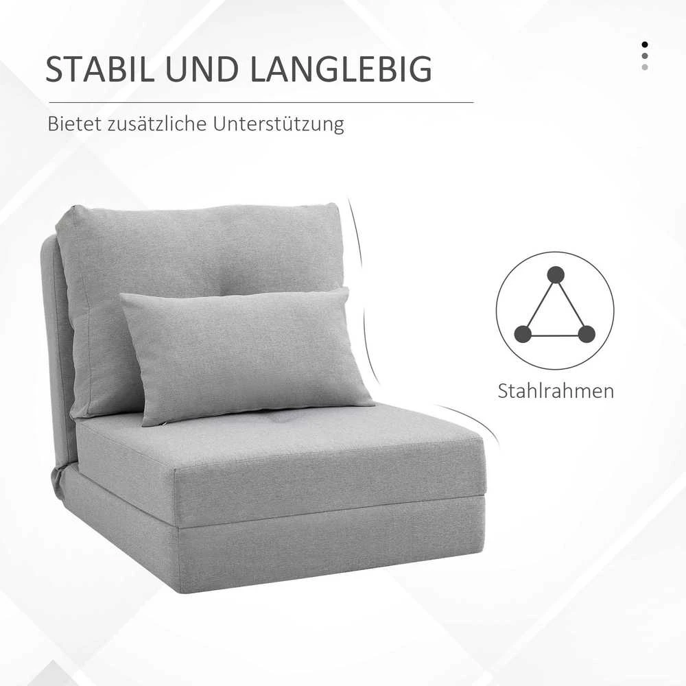 HOMCOM 2-in-1 sulankstomas grindų fotelis-lova su reguliuojamu atlošu, grindų sofa su dekoratyvine pagalve, grindų sėdimoji pagalvė svetainei, miegamajam, lininis, pilkas