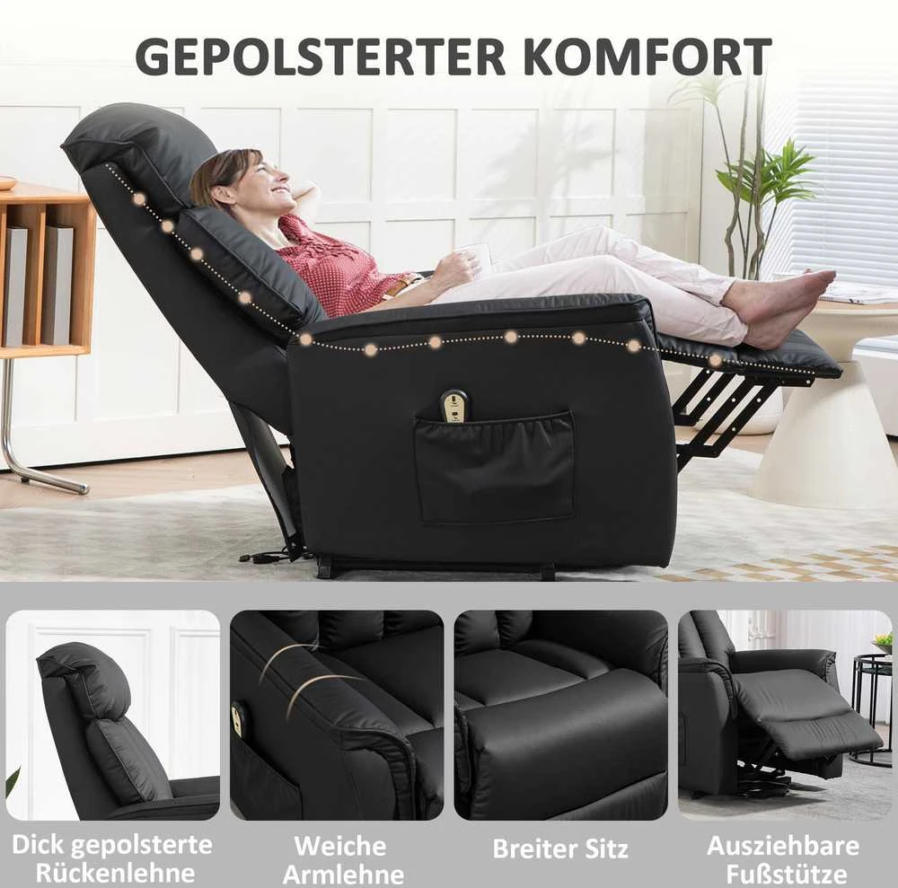 Fotelis HOMCOM Elektrinis poilsio krėslas su kėlimo funkcija, atlošimu, masažu, kojų atrama, šonine kišene, nuotoliniu pulteliu, svetainei, iki 150 kg, dirbtinė oda, juodas