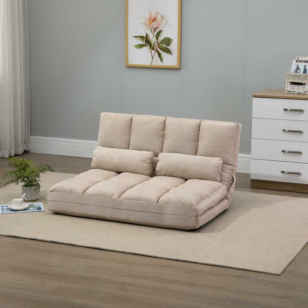 Fotelis HOMCOM 2-in-1 grindų sėdynė, sofa-lova su 3 padėčių reguliuojamu atlošu, aksominė, smėlio spalvos, 102x73x60 cm
