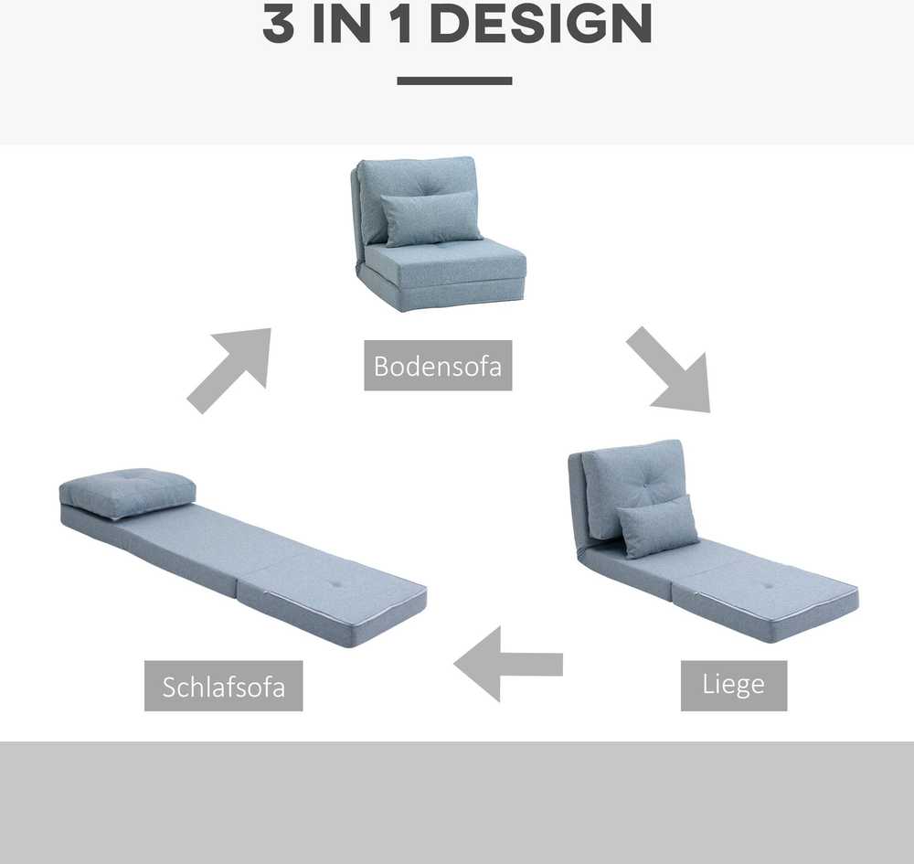 HOMCOM 2-in-1 grindų fotelis-lova su reguliuojamu atlošu, grindų sofa su dekoratyvine pagalve, skirta svetainei ar miegamajam, lininis, dangaus mėlynos spalvos