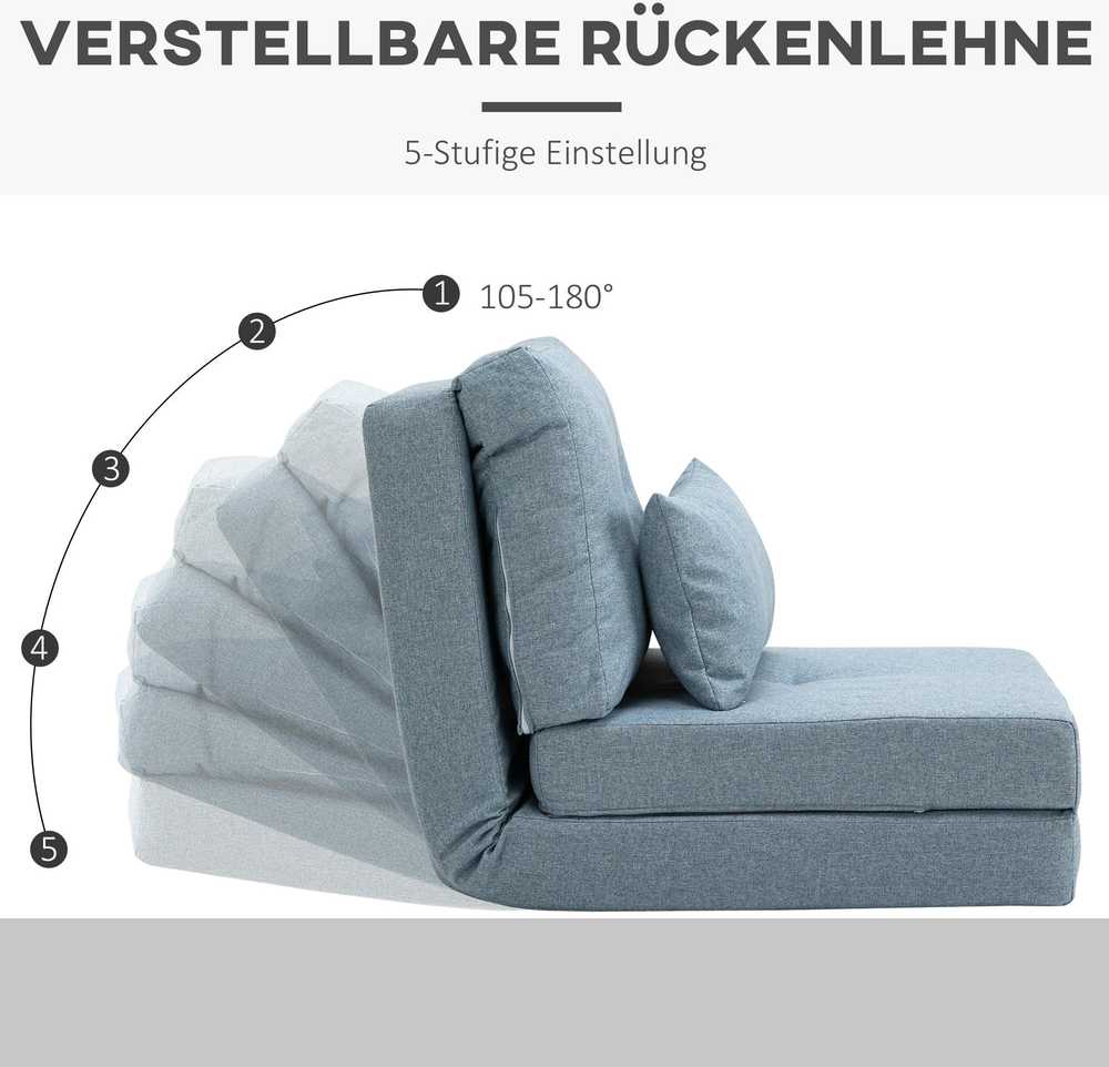 HOMCOM 2-in-1 grindų fotelis-lova su reguliuojamu atlošu, grindų sofa su dekoratyvine pagalve, skirta svetainei ar miegamajam, lininis, dangaus mėlynos spalvos