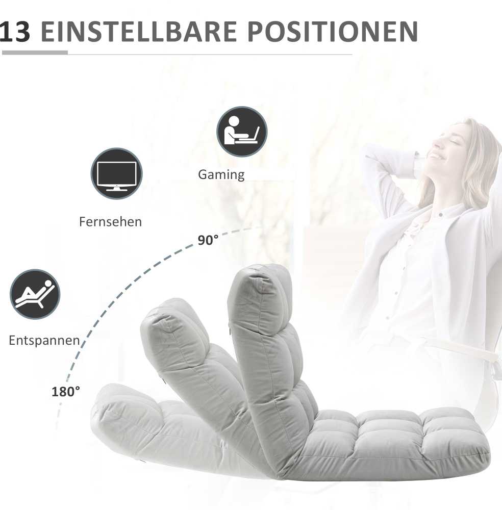 Fotelis HOMCOM grindų kėdė "3-in-1", sulankstoma, reguliuojamas atlošas, 13 padėčių, sulankstomas gulmaišis, pilkas metalinis putplastis, 55x71x53,5 cm