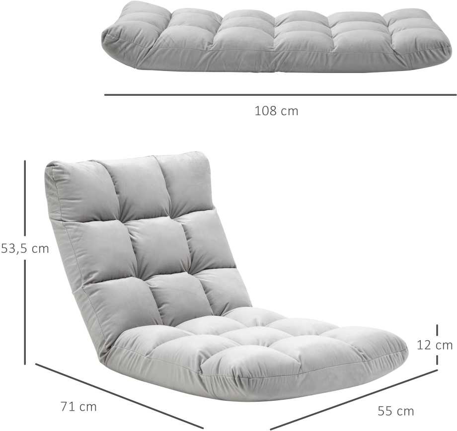 Fotelis HOMCOM grindų kėdė "3-in-1", sulankstoma, reguliuojamas atlošas, 13 padėčių, sulankstomas gulmaišis, pilkas metalinis putplastis, 55x71x53,5 cm