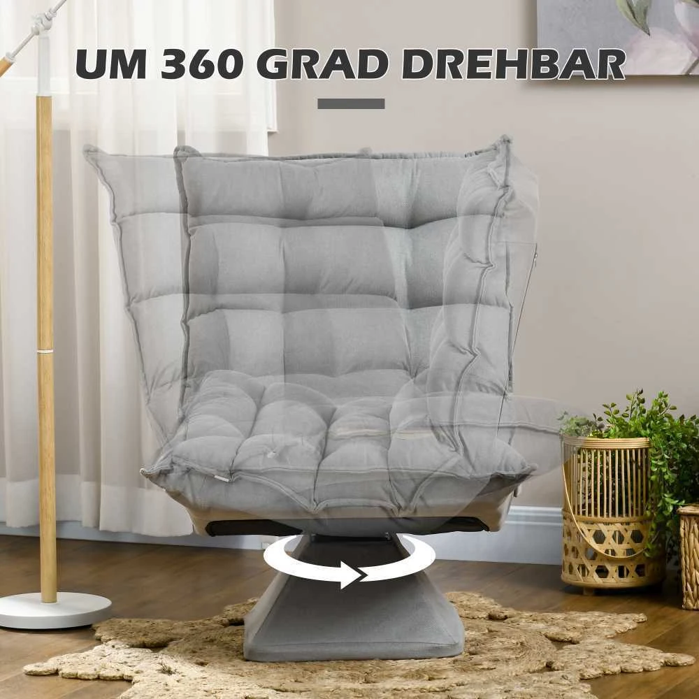 HOMCOM grindų kėdė, grindų sofa su reguliuojamu atlošu, besisukanti meditacijos kėdė su pagrindu, paminkštintas poilsio krėslas, tinginio sofa svetainei, biurui, šviesiai pilka