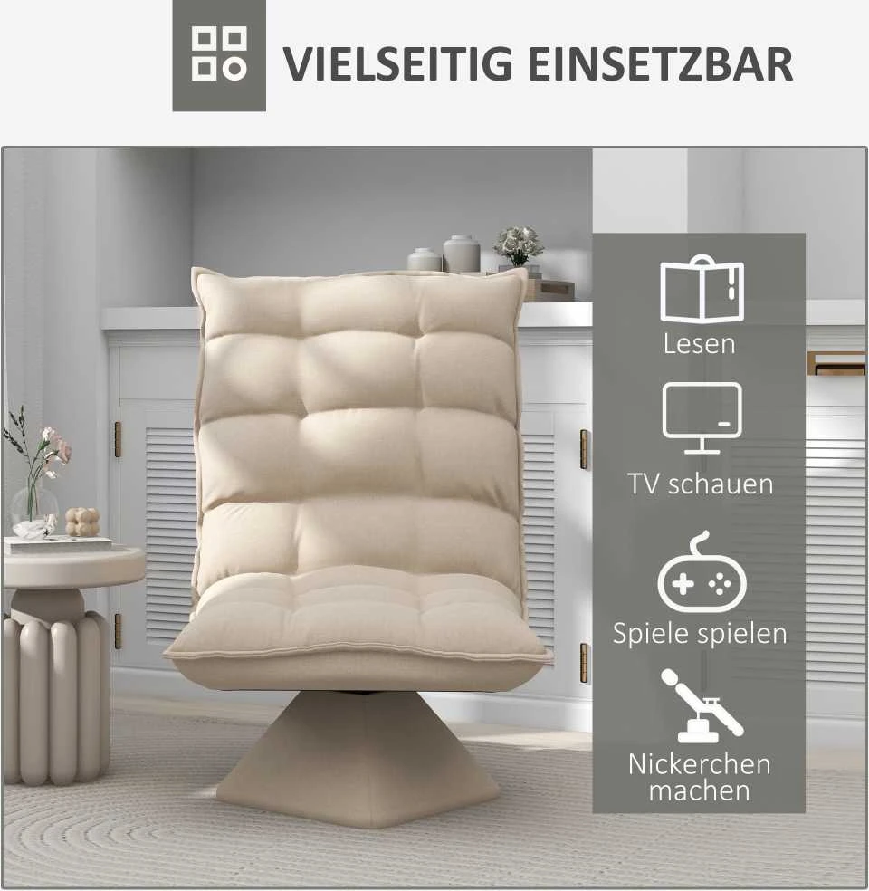 HOMCOM grindų kėdė, grindų sofa su reguliuojamu atlošu, besisukanti meditacijos kėdė su pagrindu, paminkštintas poilsio krėslas, tinginio sofa, smėlio spalvos