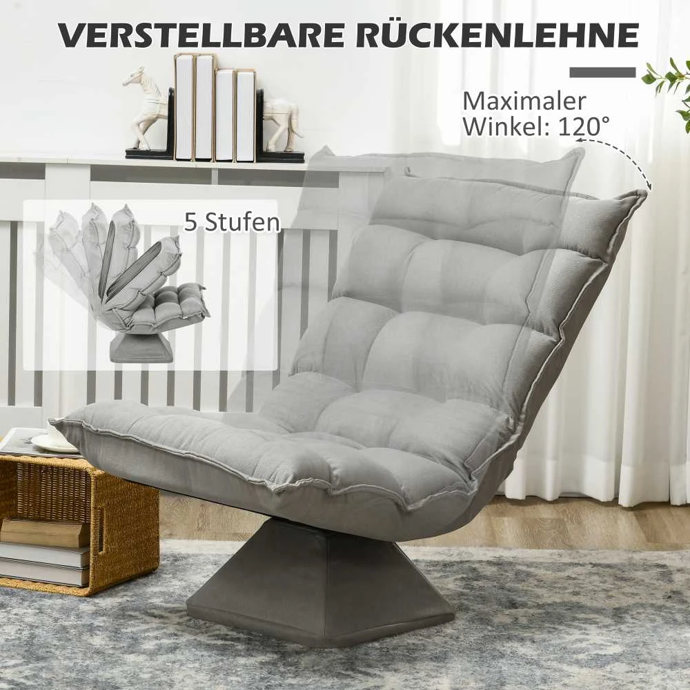 HOMCOM grindų kėdė, grindų sofa su reguliuojamu atlošu, besisukanti meditacijos kėdė su pagrindu, paminkštintas poilsio krėslas, tinginio sofa svetainei, biurui, šviesiai pilka