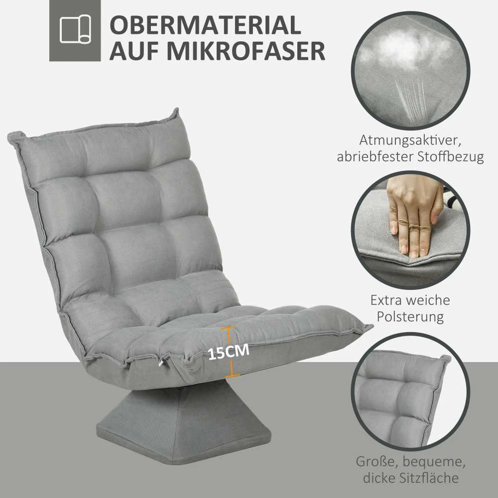 HOMCOM grindų kėdė, grindų sofa su reguliuojamu atlošu, besisukanti meditacijos kėdė su pagrindu, paminkštintas poilsio krėslas, tinginio sofa svetainei, biurui, šviesiai pilka