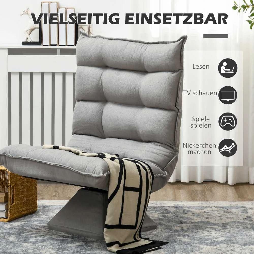 HOMCOM grindų kėdė, grindų sofa su reguliuojamu atlošu, besisukanti meditacijos kėdė su pagrindu, paminkštintas poilsio krėslas, tinginio sofa svetainei, biurui, šviesiai pilka