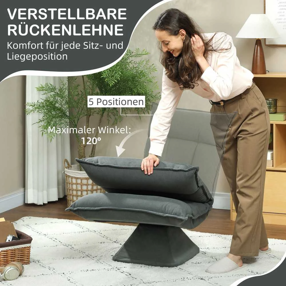 HOMCOM grindų kėdė, 360° besisukanti, su 5 padėčių reguliuojamu atlošu, sulankstoma grindų sofa, paminkštinta meditacijos kėdė, „Lazy Sofa“ svetainei, žaidimams ir skaitymui, tamsiai pilka
