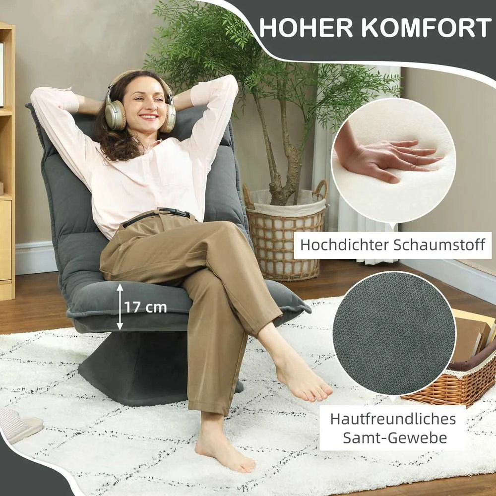 HOMCOM grindų kėdė, 360° besisukanti, su 5 padėčių reguliuojamu atlošu, sulankstoma grindų sofa, paminkštinta meditacijos kėdė, „Lazy Sofa“ svetainei, žaidimams ir skaitymui, tamsiai pilka