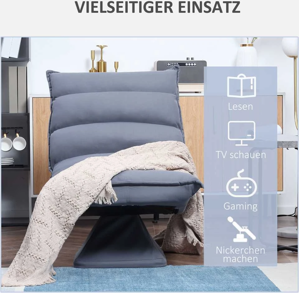 HOMCOM grindų sofa, grindų kėdė su reguliuojamu atlošu, besisukanti meditacijos kėdė, poilsio kėdė, mikropluošto audinys, pilka, 62x62x95 cm