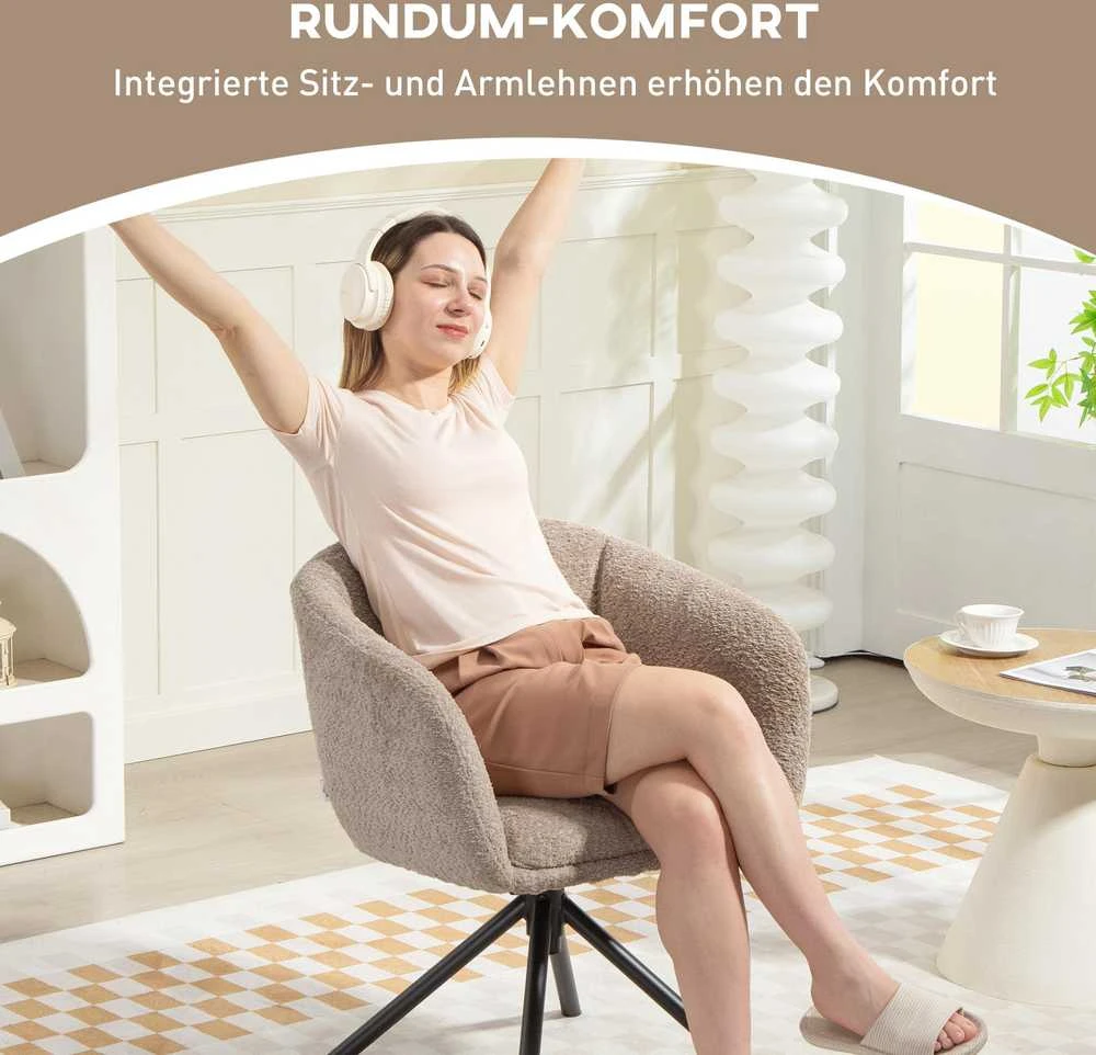 HOMCOM krėslas, minkšta kėdė su patogia sėdyne, besisukantis, jaukus apmušalas, iki 120 kg, šviesiai rudas