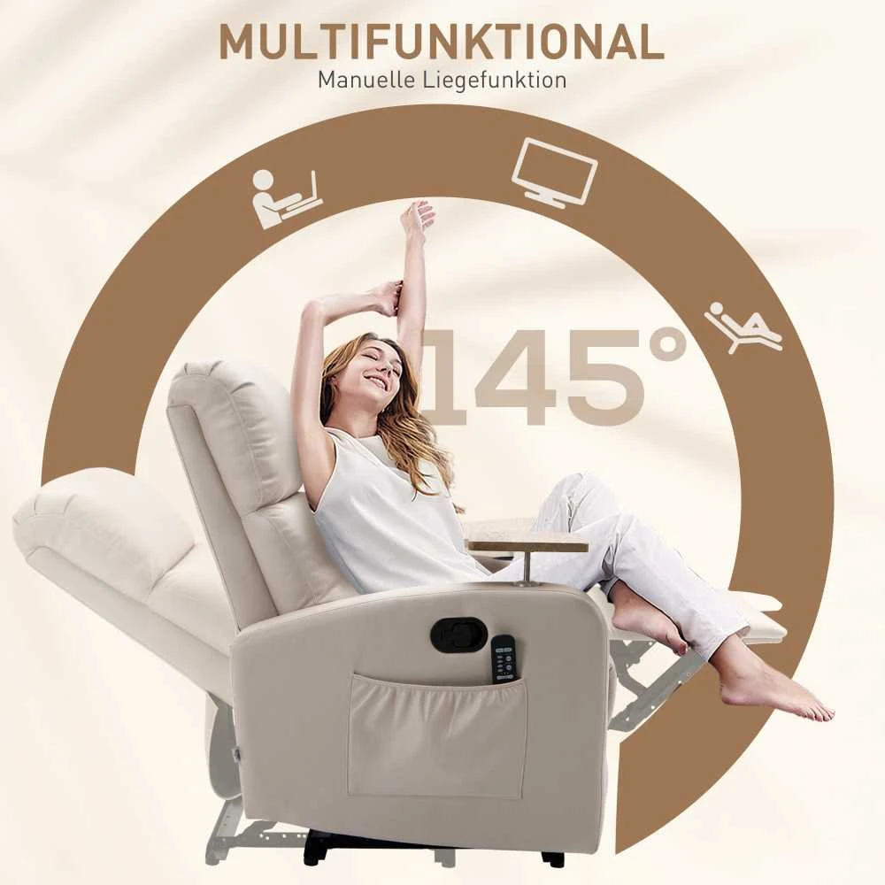 HOMCOM elektrinis masažinis fotelis, atsipalaidavimo krėslas su masažo funkcija, televizoriaus fotelis su atlošimo funkcija, mikropluoštas, smėlio spalvos