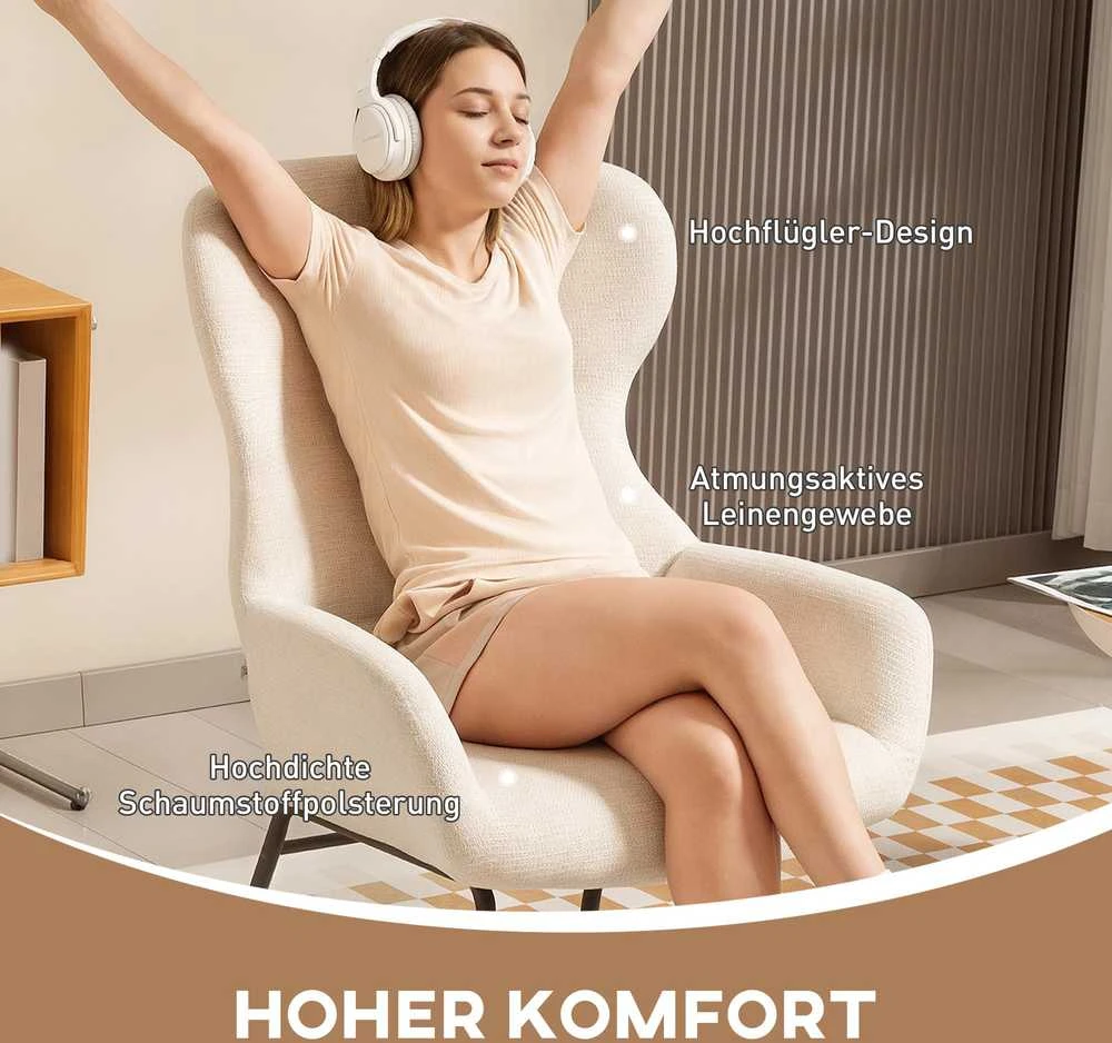Modernus HOMCOM apmuštas fotelis „ausinukas“, aukštas atlošas, storas paminkštinimas, plieninės kojelės, kreminės baltos spalvos