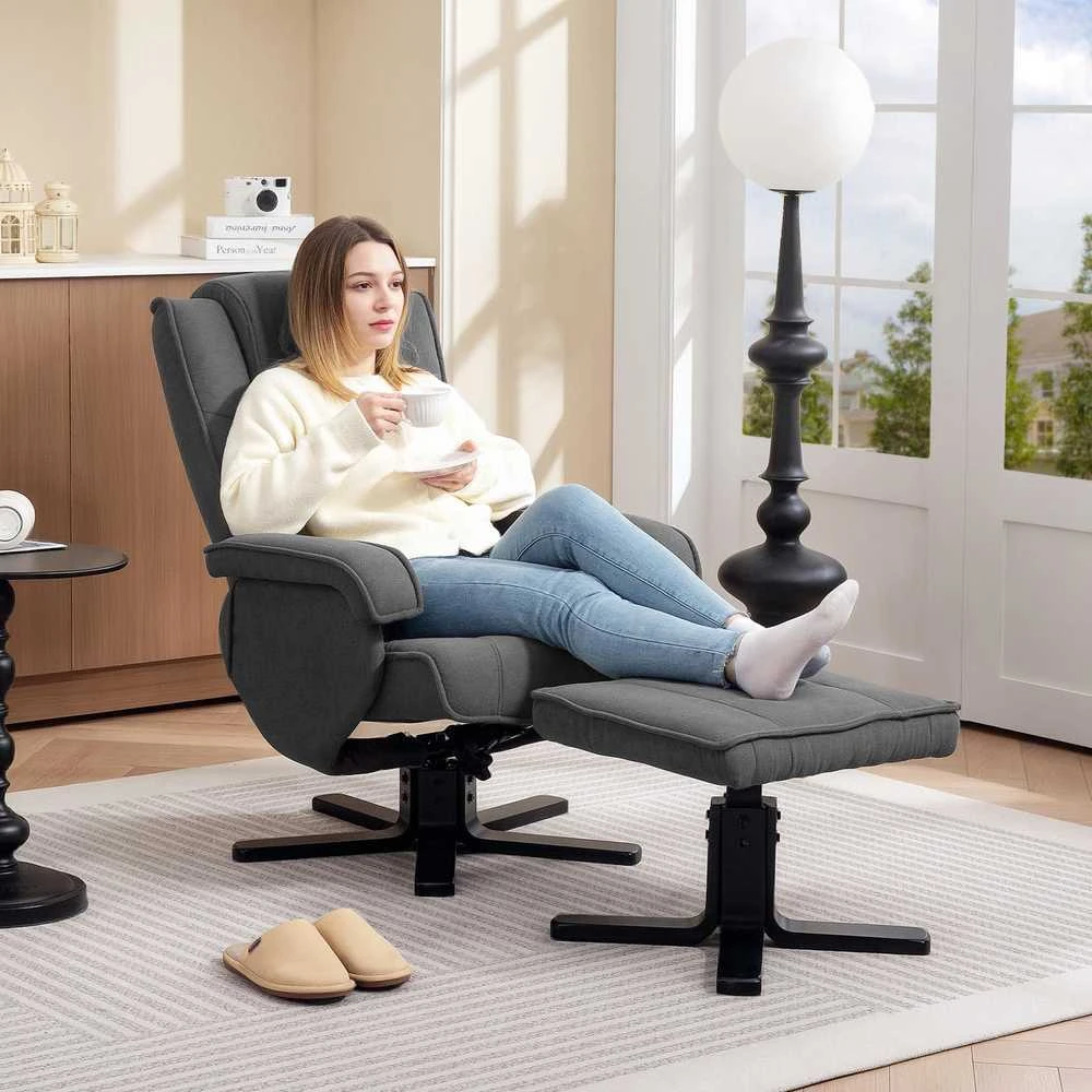 HOMCOM poilsio fotelis su taburete, 360° besisukantis televizoriaus fotelis su reguliuojamu atlošu, gulėjimo funkcija, siūbavimo funkcija, aksominės išvaizdos TV fotelis, galvos atrama svetainei, tamsiai pilka