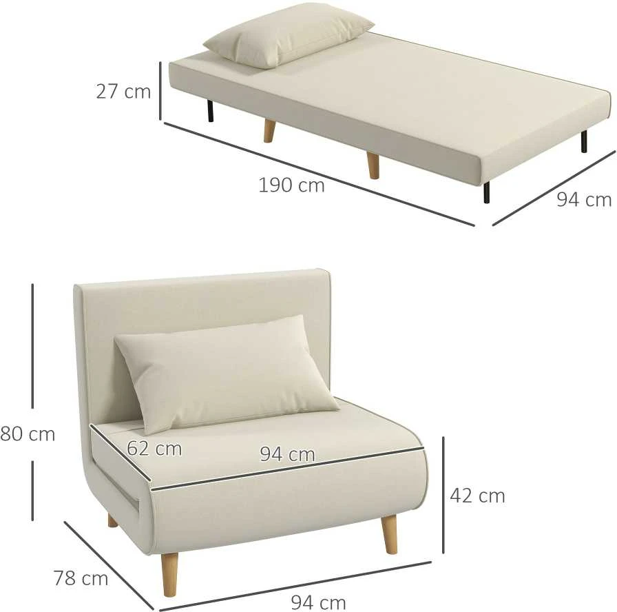 HOMCOM Sofa lova viengulė, sulankstoma sofa su reguliuojamu atlošu, šiaurietiška, lino imitacija