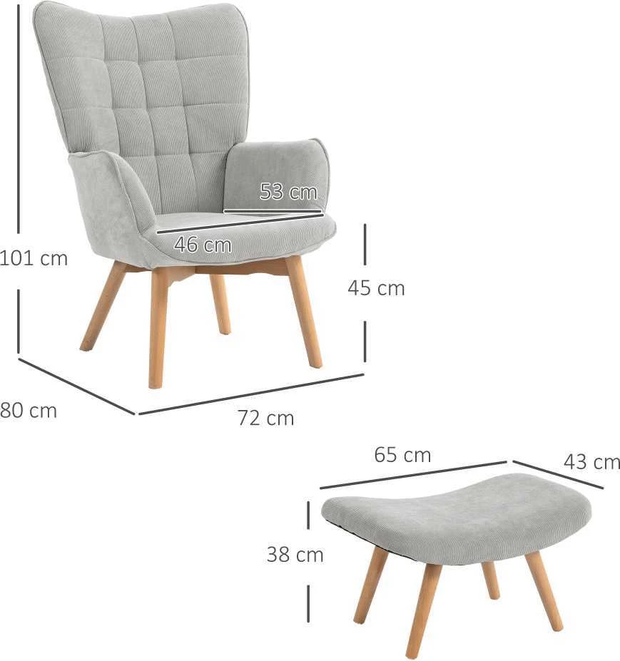 HOMCOM fotelis su kėdute kojoms, poilsio fotelis, gobeleninis fotelis kordos audinio išvaizdos, poilsio kėdė, fotelis su medinėmis kojelėmis, televizoriaus fotelis svetainei, pilkas