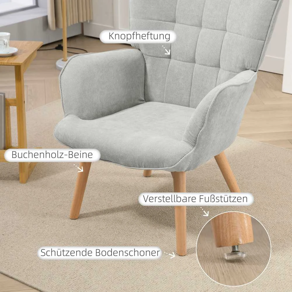 HOMCOM fotelis su kėdute kojoms, poilsio fotelis, gobeleninis fotelis kordos audinio išvaizdos, poilsio kėdė, fotelis su medinėmis kojelėmis, televizoriaus fotelis svetainei, pilkas