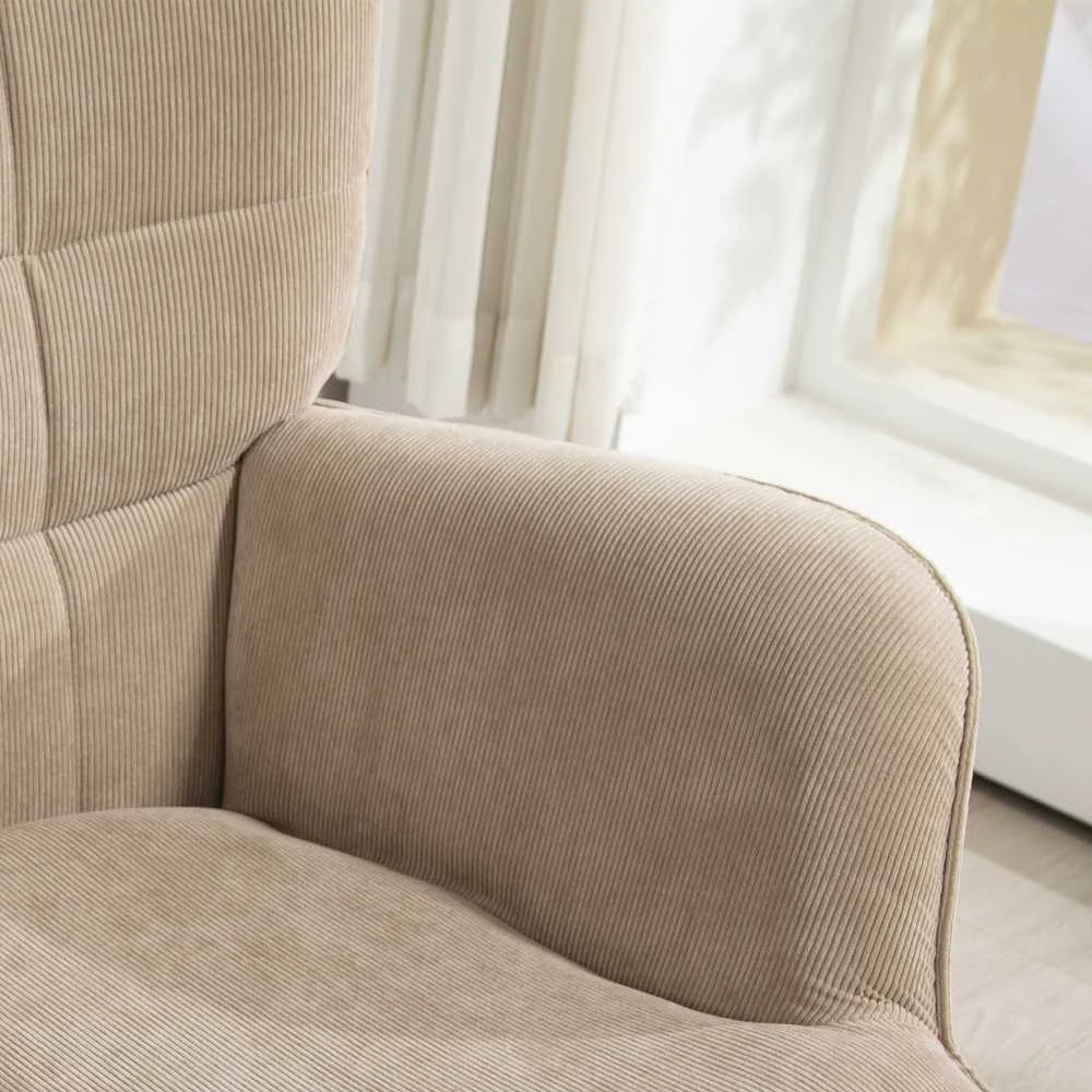 HOMCOM krėslas su taburete, poilsio krėslas, veliūrinės išvaizdos minkštas krėslas, poilsio kėdė, fotelis su medinėmis kojelėmis, televizoriaus krėslas svetainei, chaki