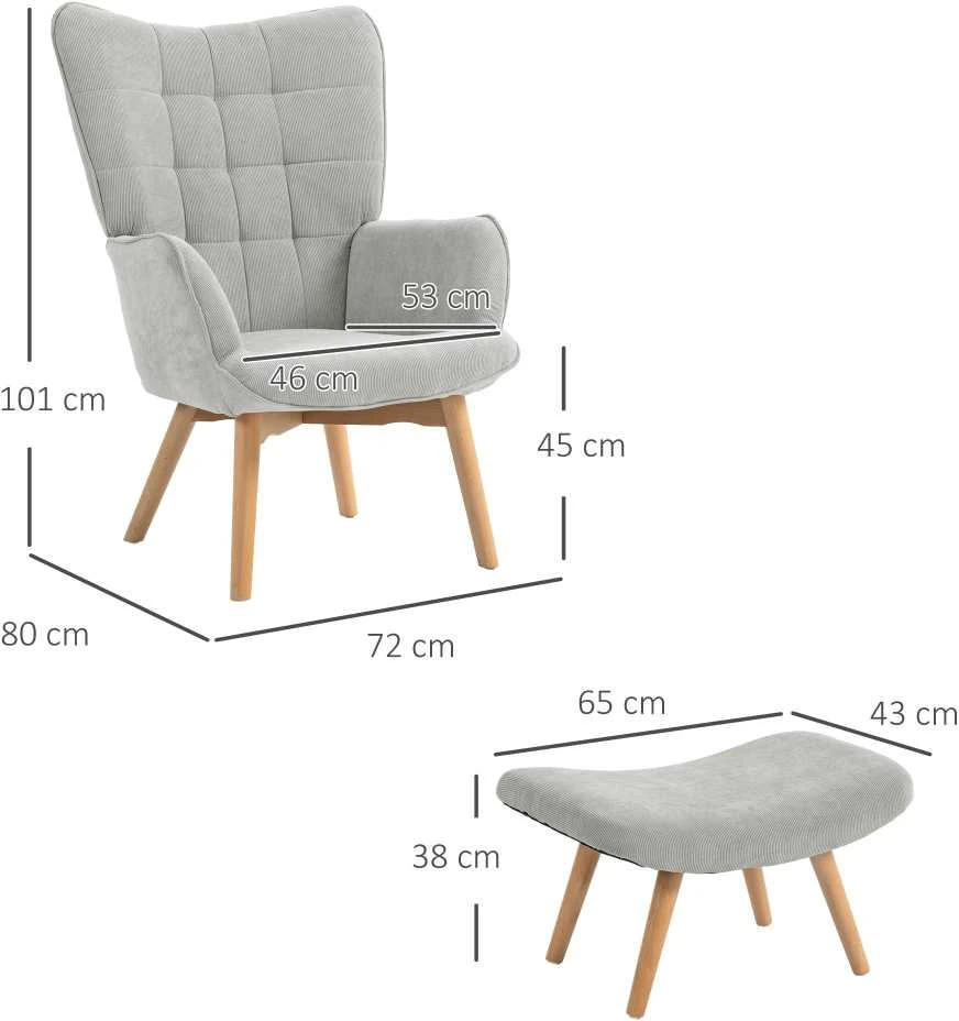 HOMCOM fotelis su kėdute kojoms, poilsio fotelis, gobeleninis fotelis kordos audinio išvaizdos, poilsio kėdė, fotelis su medinėmis kojelėmis, televizoriaus fotelis svetainei, pilkas