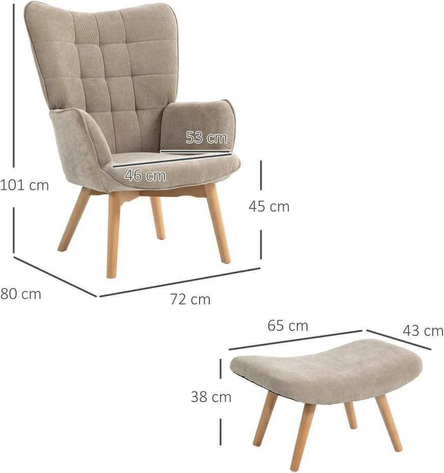 HOMCOM krėslas su taburete, poilsio krėslas, veliūrinės išvaizdos minkštas krėslas, poilsio kėdė, fotelis su medinėmis kojelėmis, televizoriaus krėslas svetainei, chaki
