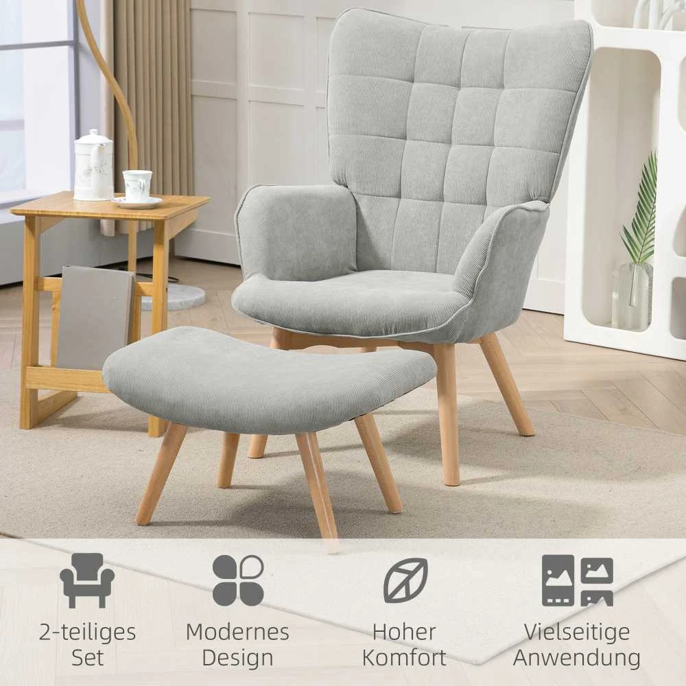 HOMCOM fotelis su kėdute kojoms, poilsio fotelis, gobeleninis fotelis kordos audinio išvaizdos, poilsio kėdė, fotelis su medinėmis kojelėmis, televizoriaus fotelis svetainei, pilkas