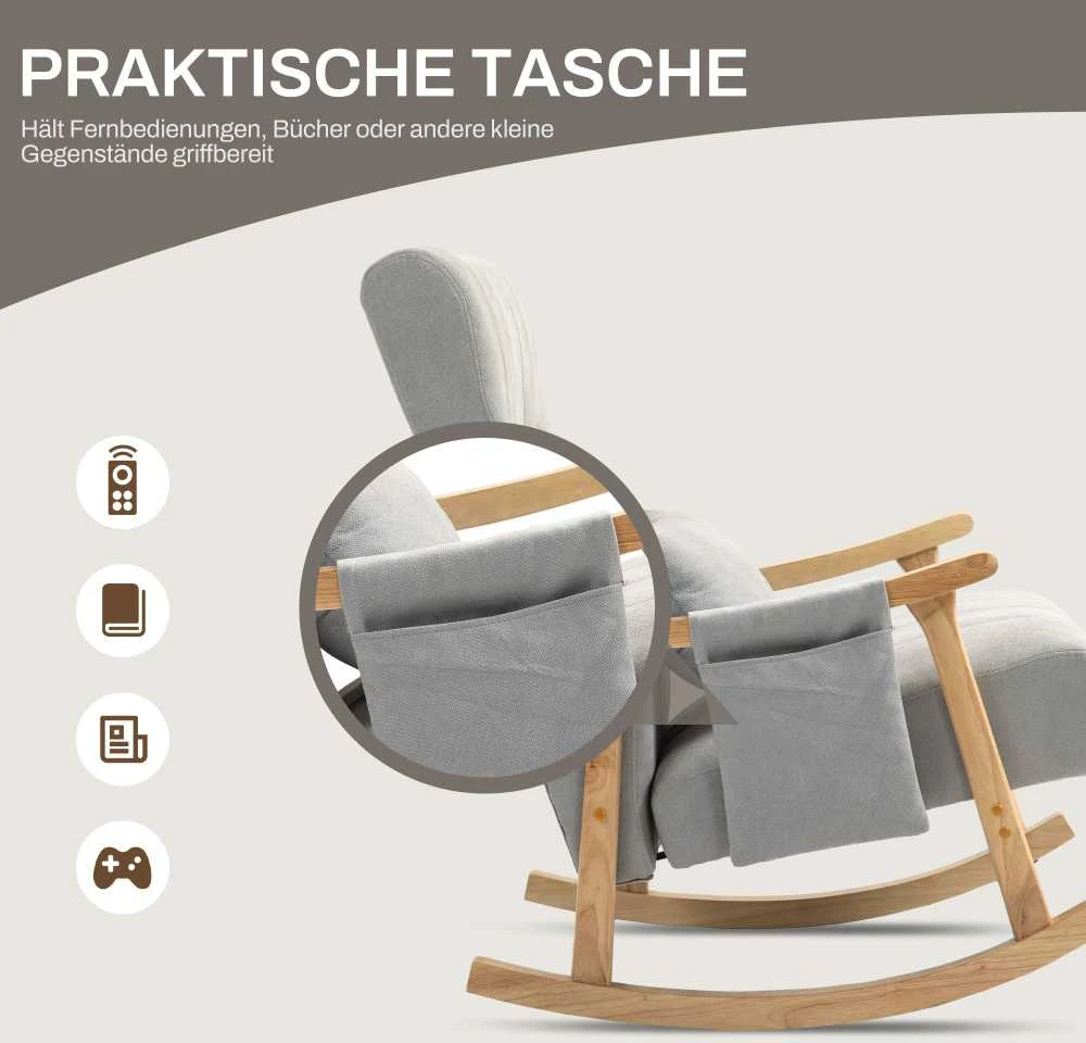 HOMCOM supamoji kėdė, minkštas paminkštintas supamasis krėslas su juosmens atrama, šonine kišene, relaksacinis krėslas su mediniu rėmu, lininio audinio išvaizda, svetainei, miegamajam, pilkas