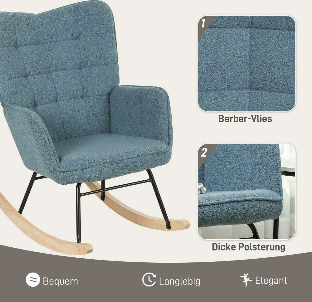 HOMCOM supamasis krėslas, fotelis su berberų vilnos optika, porankiai, paminkštintas krėslas su medinėmis pavažomis, relaksacinis krėslas svetainei, miegamajam, keliamoji galia iki 120 kg, šviesiai mėlynas