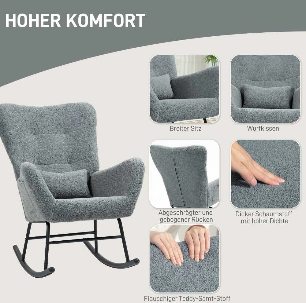 HOMCOM supamoji kėdė, krėslas su meškiuko kailio efektu, porankiai, žindymo kėdė su medinėmis kojomis, juosmens pagalvėlė, poilsio kėdė su šonine kišene svetainei, miegamajam, pilka