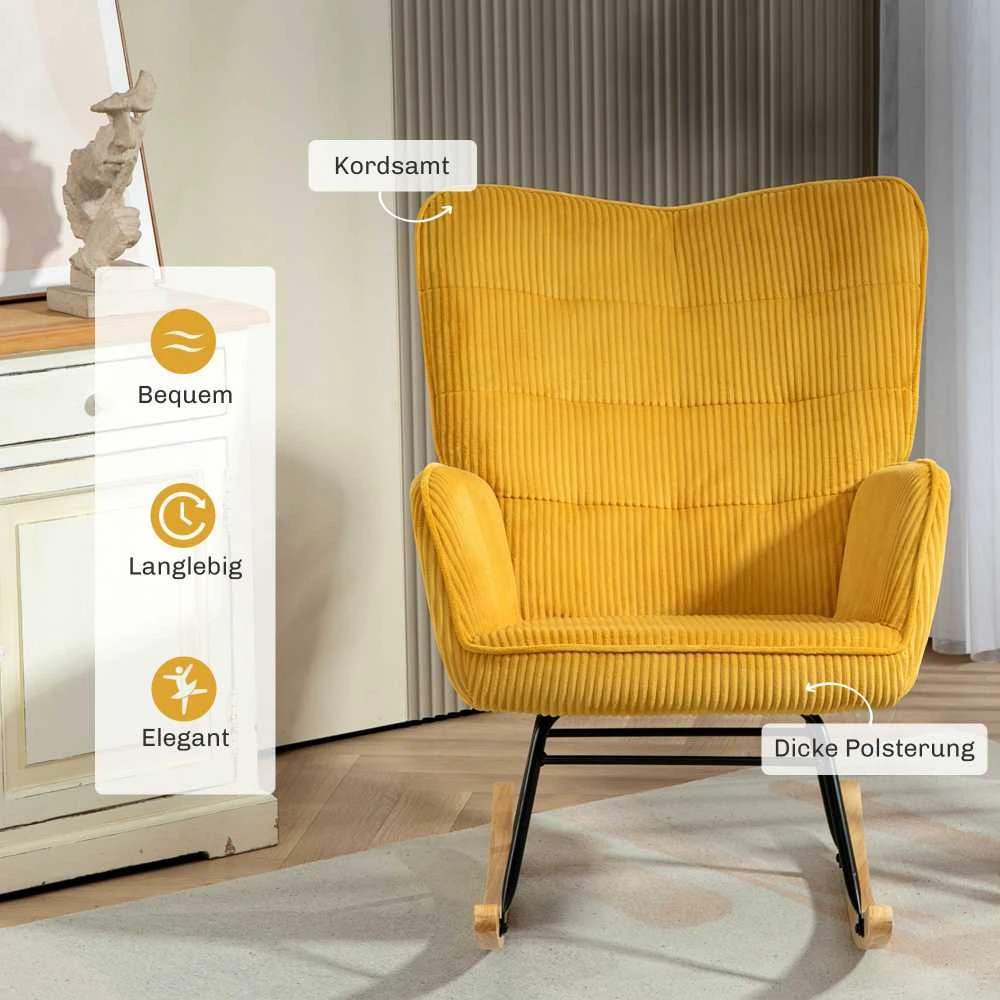 HOMCOM supamoji kėdė, krėslas su avikailio imitacijos apdaila, porankiais, medinėmis kojelėmis, poilsio kėdė svetainei, miegamajam, geltona