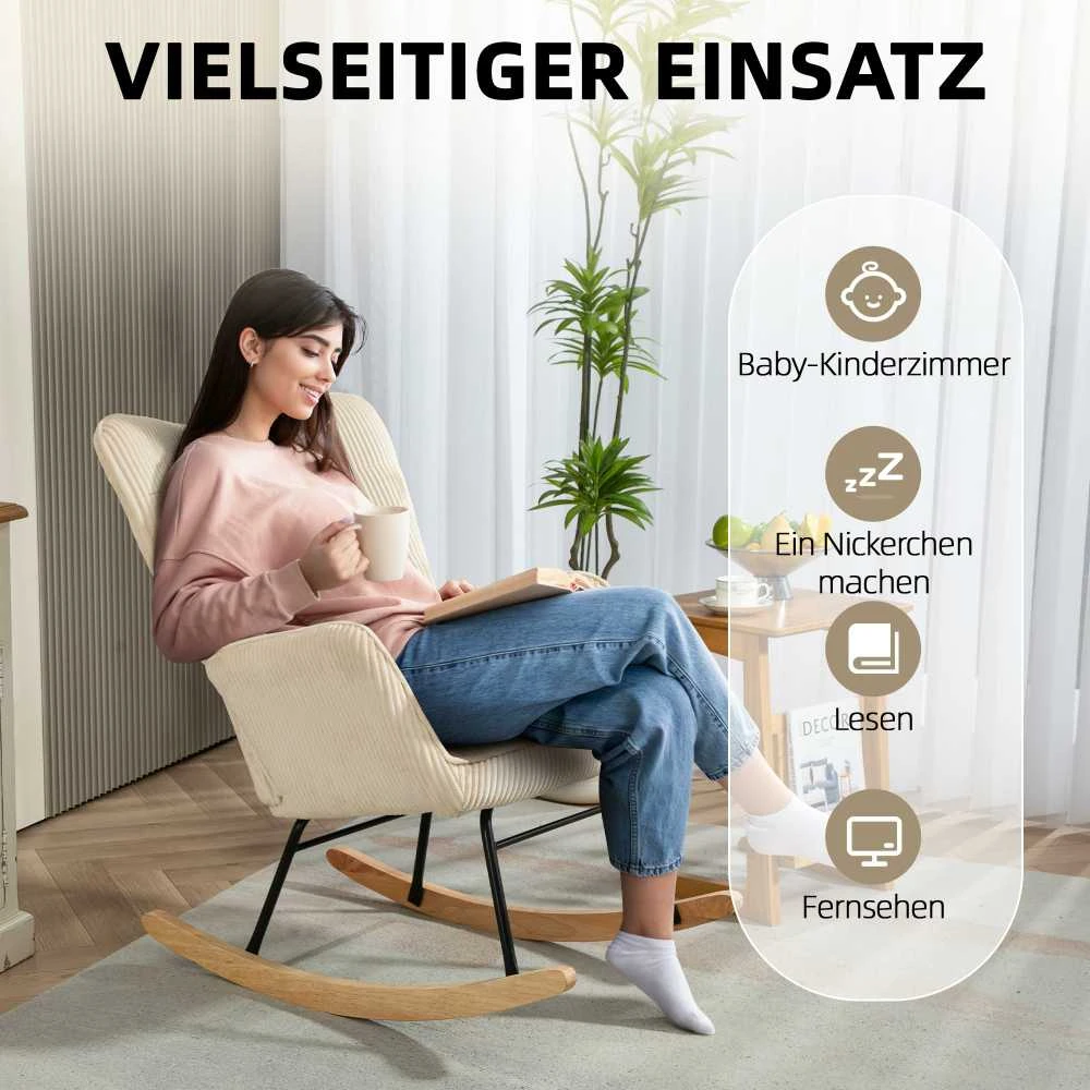 HOMCOM supamas krėslas, krėslas su korduoto audinio išvaizda, porankiai, krėslas su medinėmis pavažomis, poilsio krėslas svetainei, miegamajam, smėlio spalvos