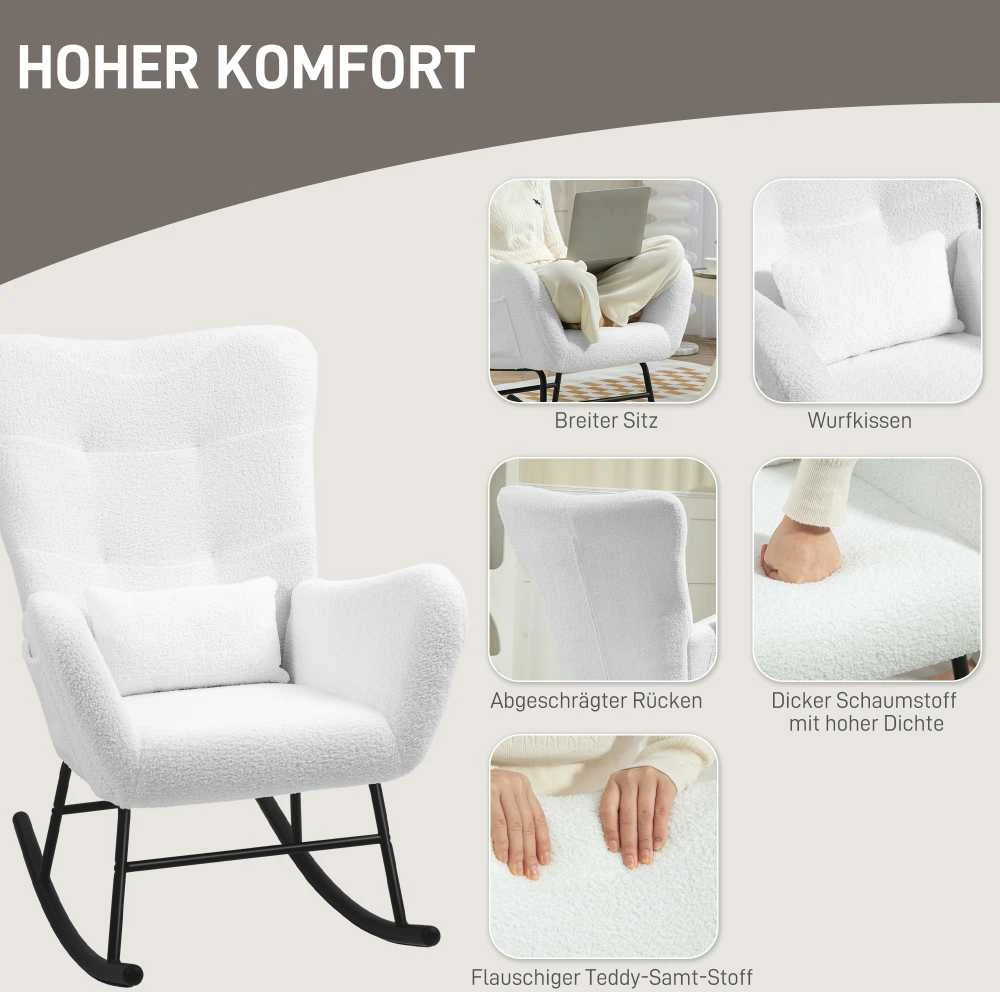 HOMCOM supamoji kėdė, fotelis su porankiais, pliušinė išvaizda, maitinimo kėdė su medinėmis kojelėmis, juosmens pagalvėle, poilsio kėdė svetainei, miegamajam, kreminės baltos spalvos