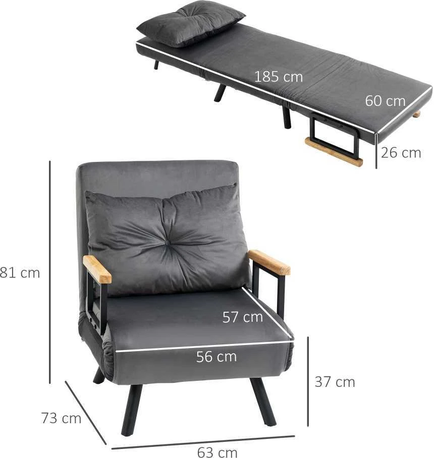 HOMCOM išskleidžiamas fotelis, viengubas sofa-lova su miegamąja funkcija, reguliuojamas poilsio fotelis, aksominė išvaizda, tamsiai pilka