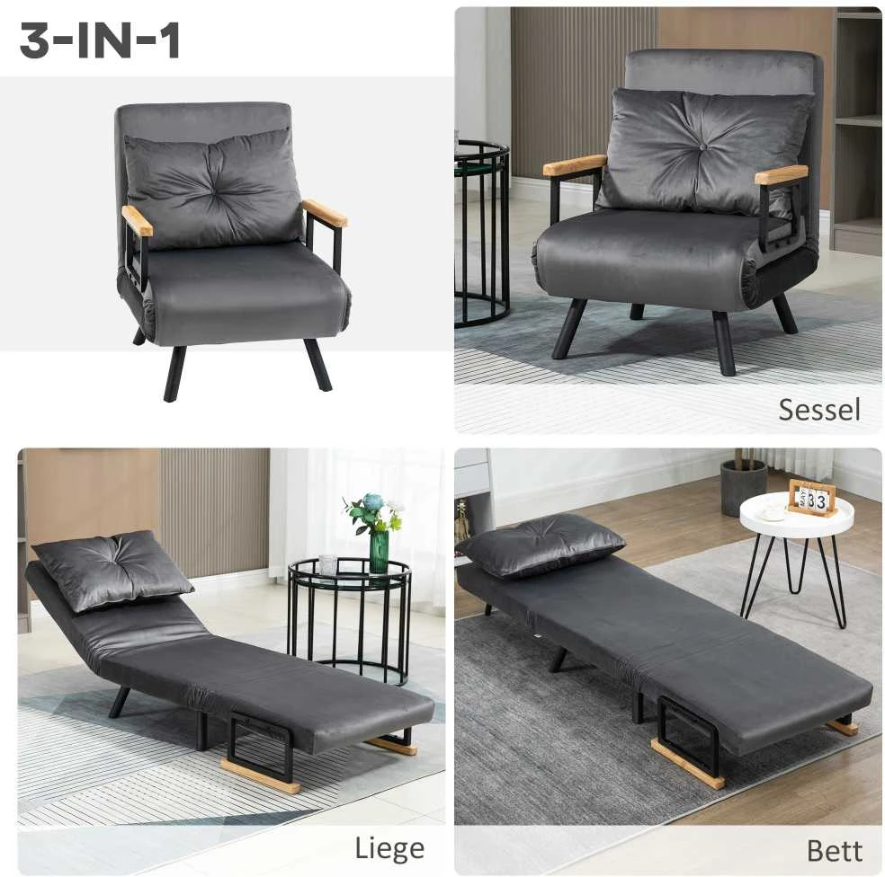 HOMCOM išskleidžiamas fotelis, viengubas sofa-lova su miegamąja funkcija, reguliuojamas poilsio fotelis, aksominė išvaizda, tamsiai pilka