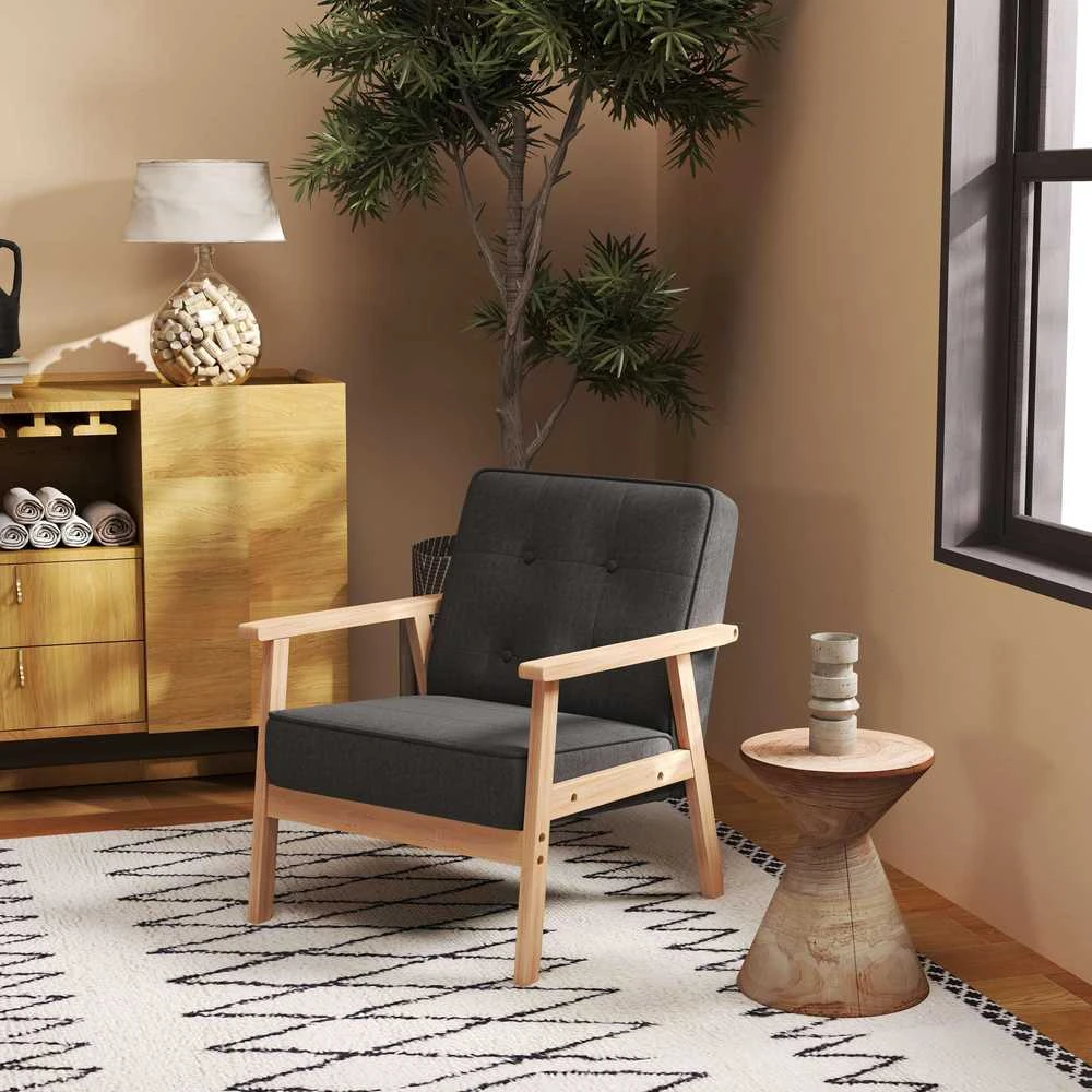 HOMCOM viengubas sofa-lovelis, minkštas fotelis su porankiais, medinis rėmas, linas, pilkas, 64,5x70x74cm