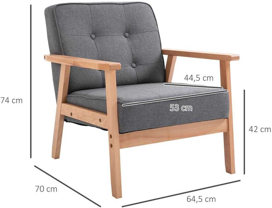 HOMCOM viengubas sofa-lovelis, minkštas fotelis su porankiais, medinis rėmas, linas, pilkas, 64,5x70x74cm