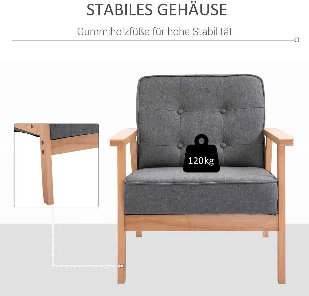HOMCOM viengubas sofa-lovelis, minkštas fotelis su porankiais, medinis rėmas, linas, pilkas, 64,5x70x74cm