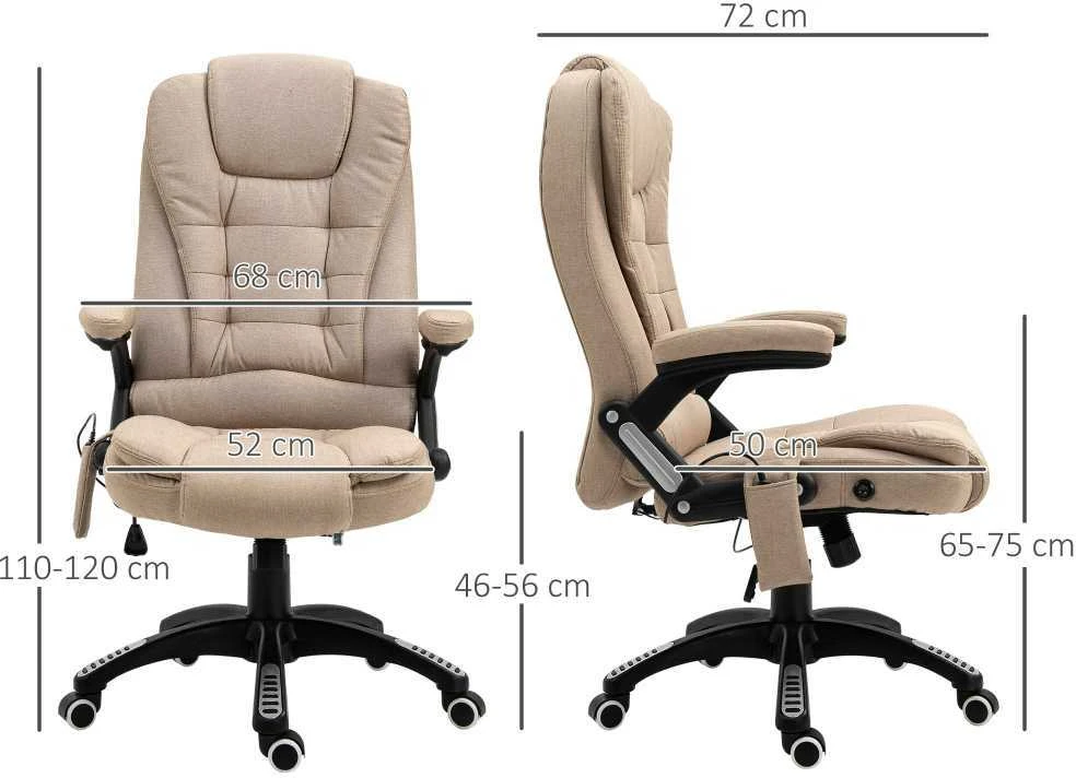 Biuro kėdė Vinsetto su vibraciniu masažu, ergonomiška darbo kėdė su šildymo ir atlošimo funkcijomis, reguliuojamo aukščio vadovo kėdė su nuotolinio valdymo pulteliu, šonine kišene, lino išvaizdos, ruda