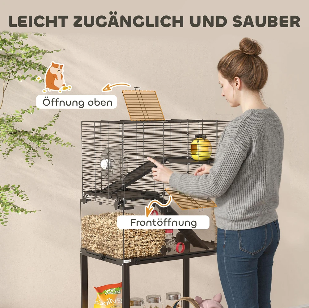 Hamsterio narvas, 3 lygių mažų gyvūnų narvas su bėgimo rateliu, nameliu, platformomis, rampomis, ėdalo dubenėliu, gertuve, priedais, plienas, plastikas, juodas