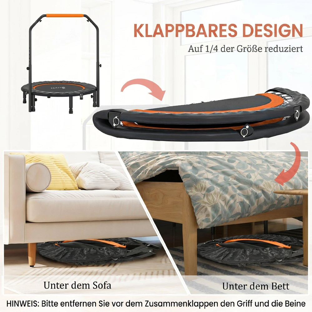 HOMCOM 102 cm fitneso batutas, sulankstomas mini batutas su keturių lygių reguliuojama rankena, fitneso atšokimo batutas suaugusiems, iki 100 kg, juodas