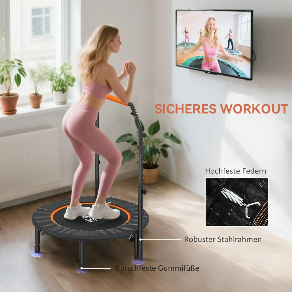 HOMCOM 102 cm fitneso batutas, sulankstomas mini batutas su keturių lygių reguliuojama rankena, fitneso atšokimo batutas suaugusiems, iki 100 kg, juodas