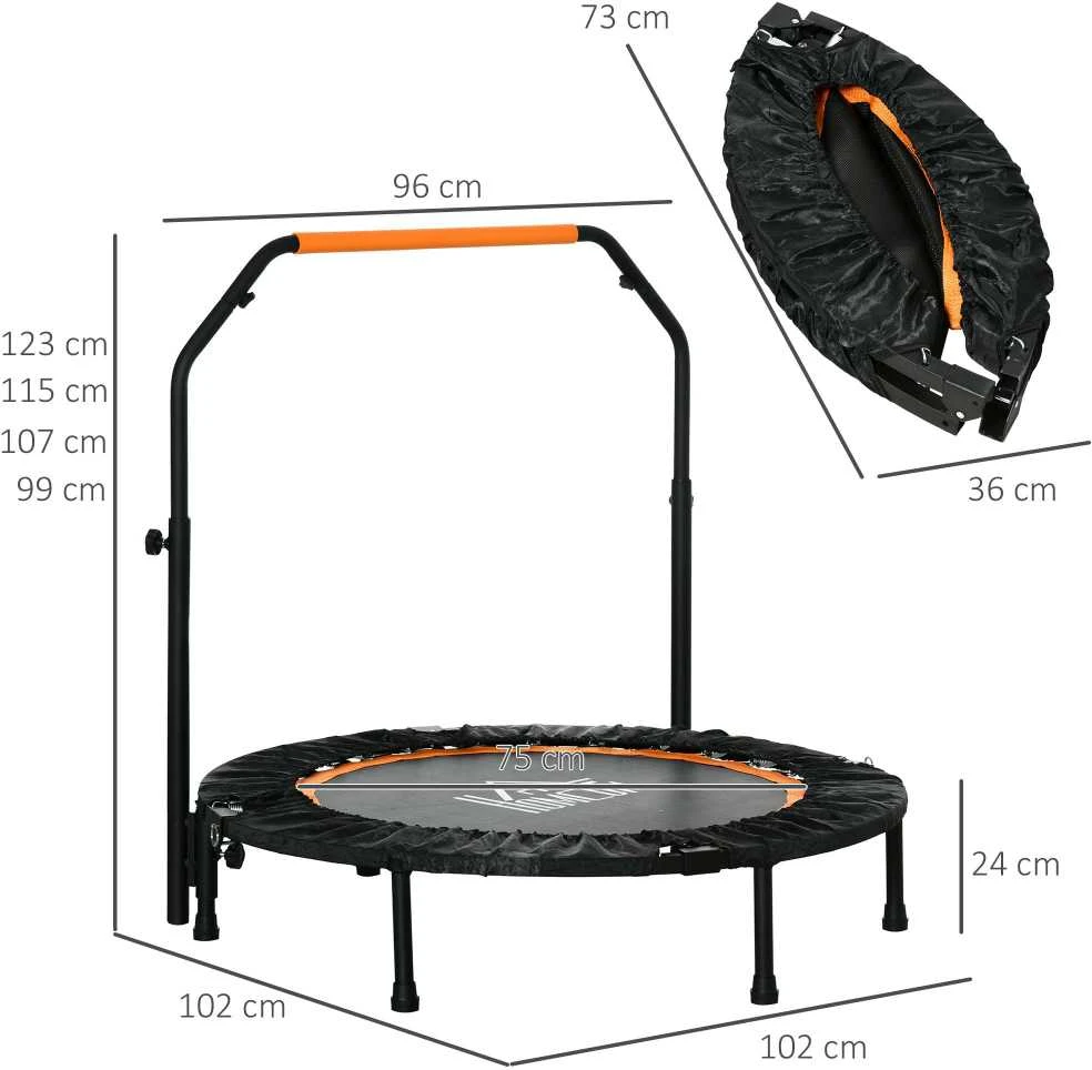 HOMCOM 102 cm fitneso batutas, sulankstomas mini batutas su keturių lygių reguliuojama rankena, fitneso atšokimo batutas suaugusiems, iki 100 kg, juodas